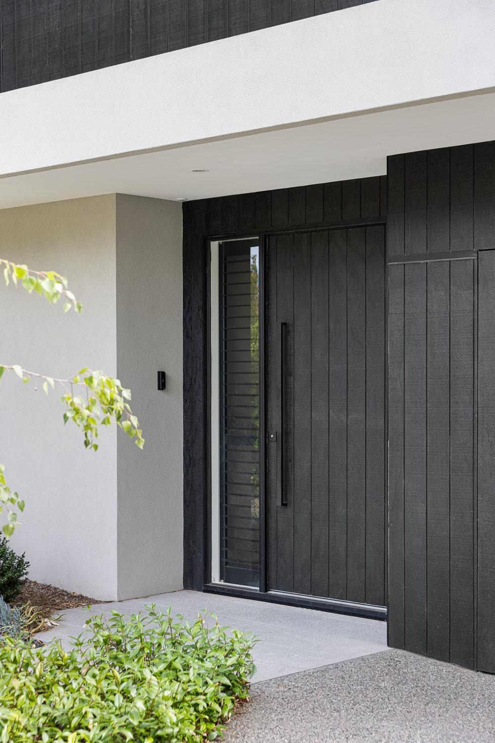 Black, timber front door, contemporary in style