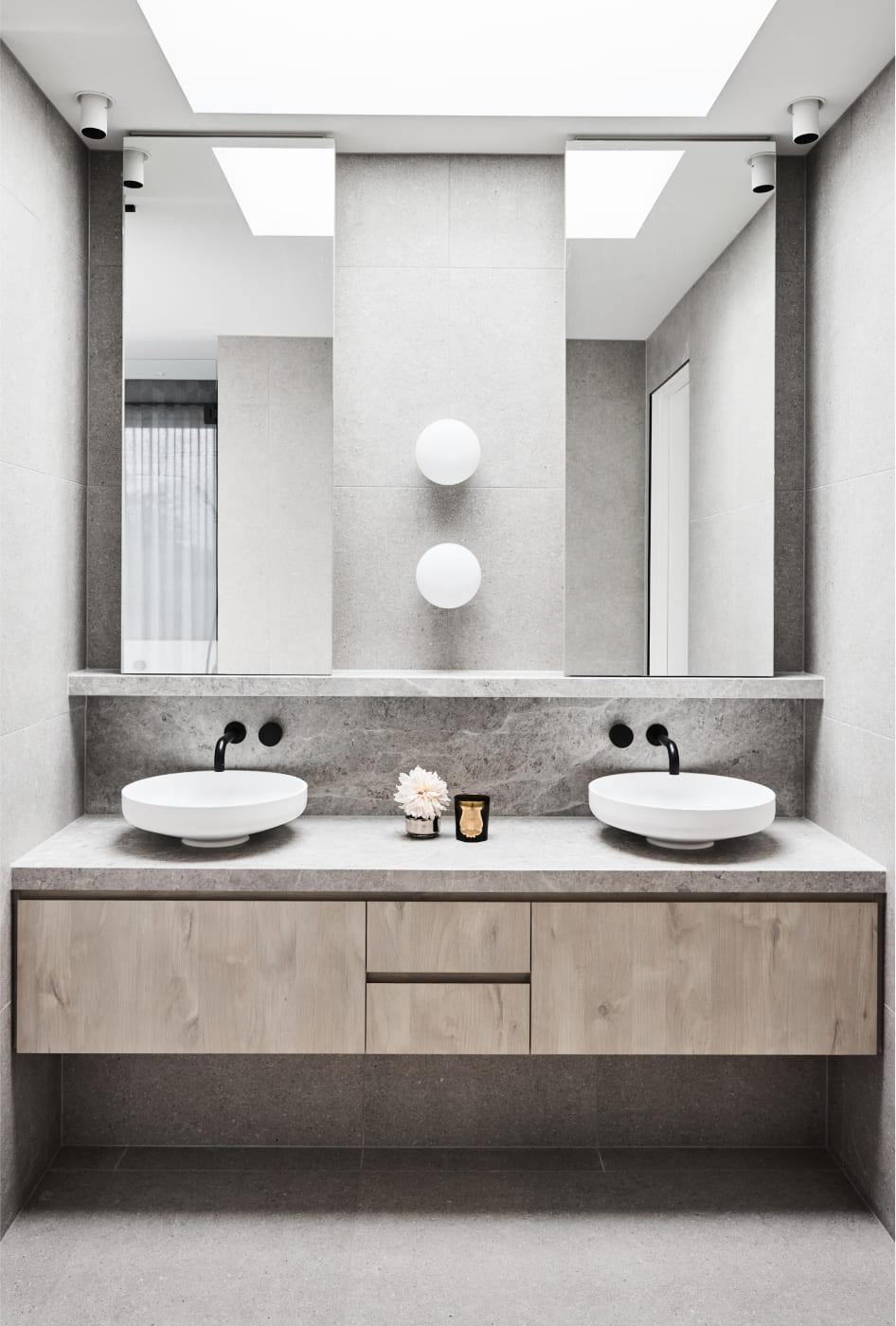 Ensuite cabinetry and basins with earthy colour palette