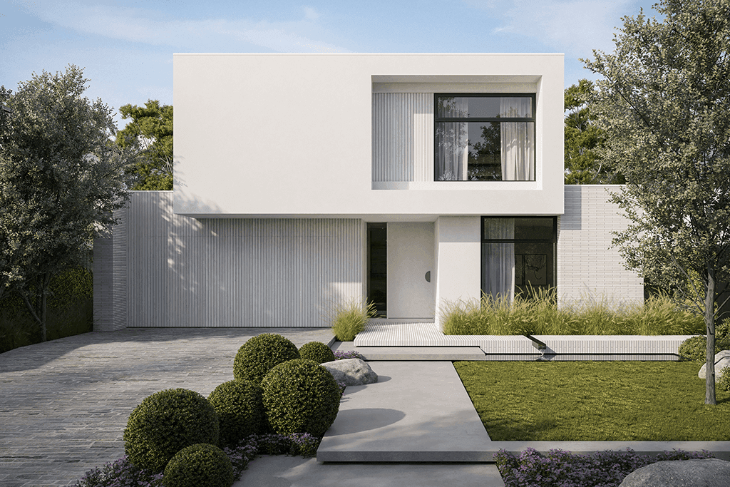 A render of an external facade, A grand architectural statement creates a dramatic yet inviting first impression