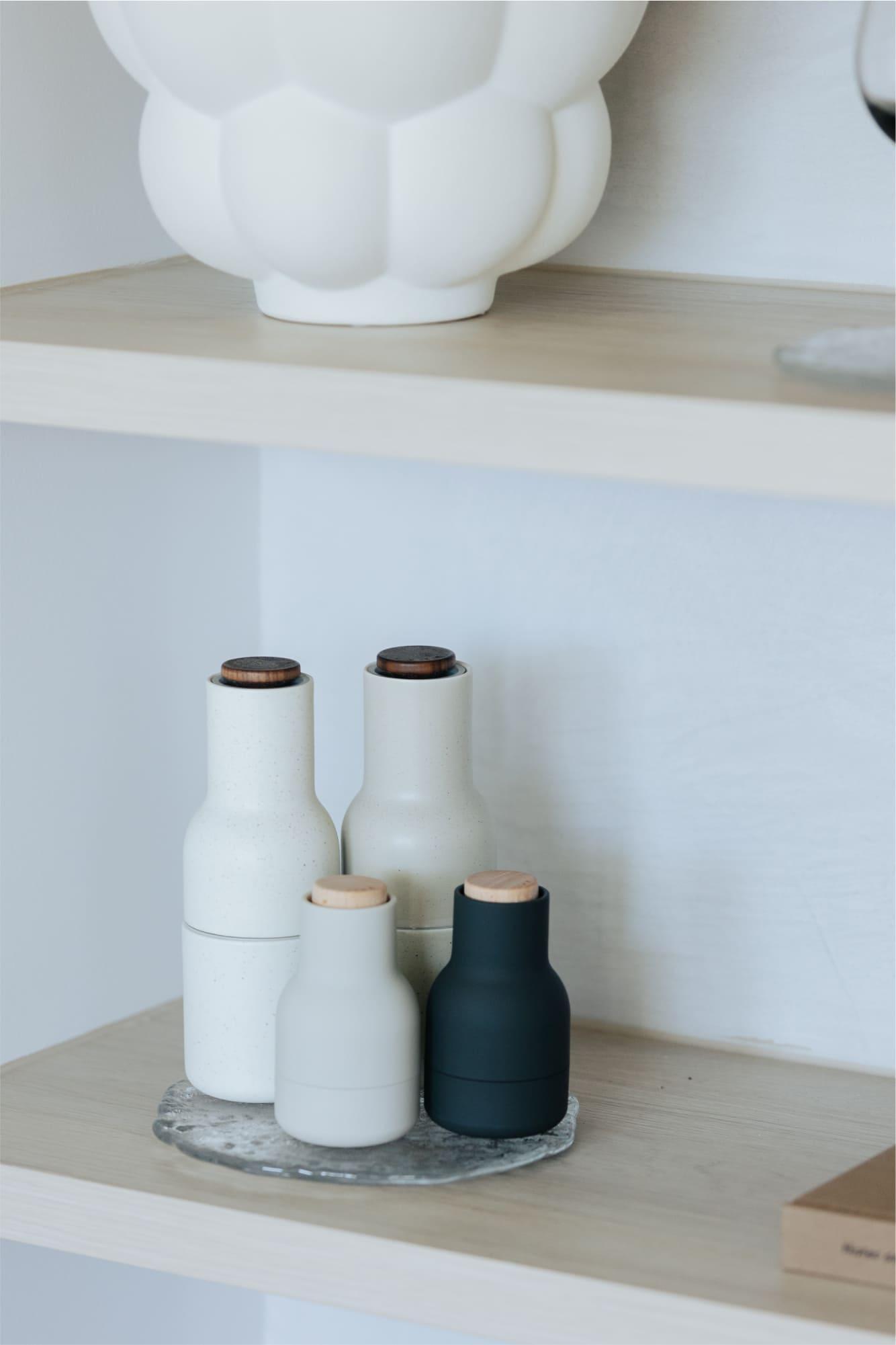 Designstuff Audo salt and pepper grinders displayed on shelf