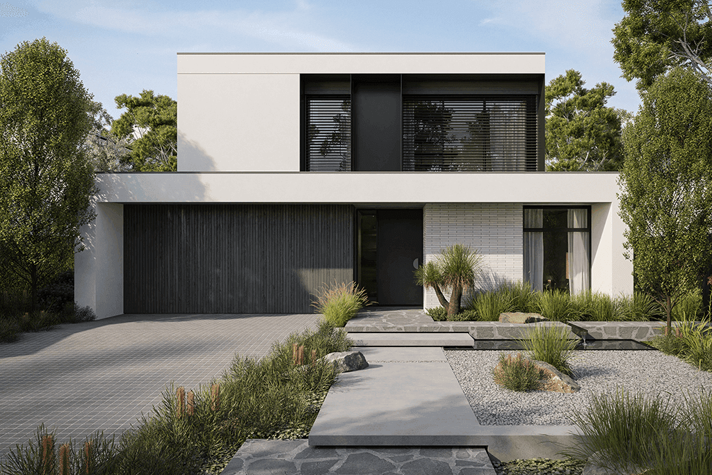Render of a front facade of a modern home