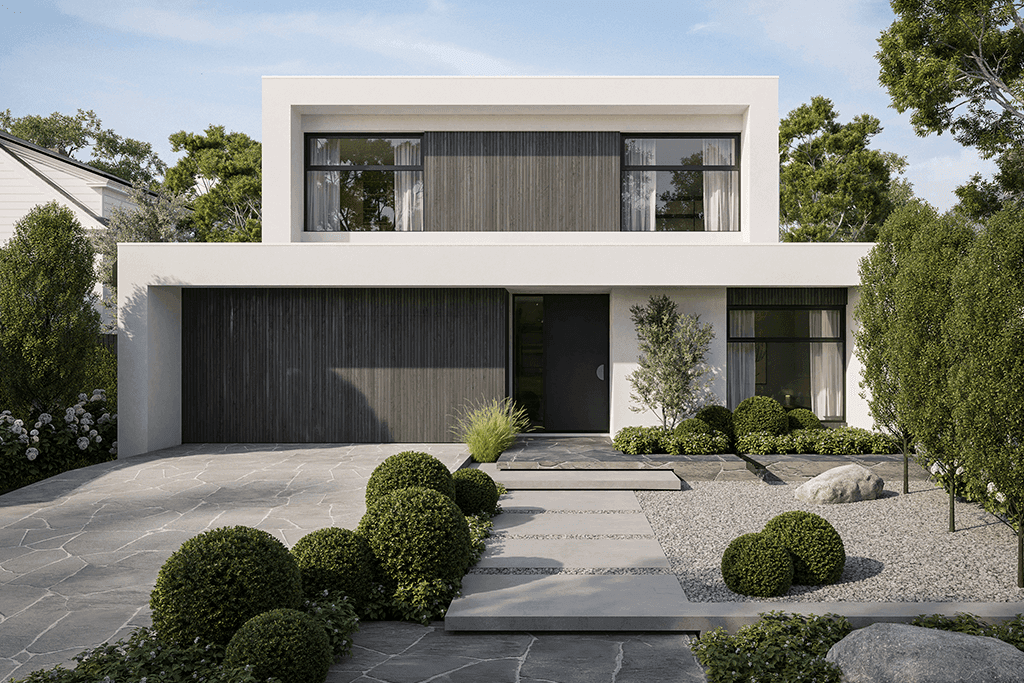 A render of an external facade a contrasting material palette helps accentuate the bold form presenting a stunning, modern design.