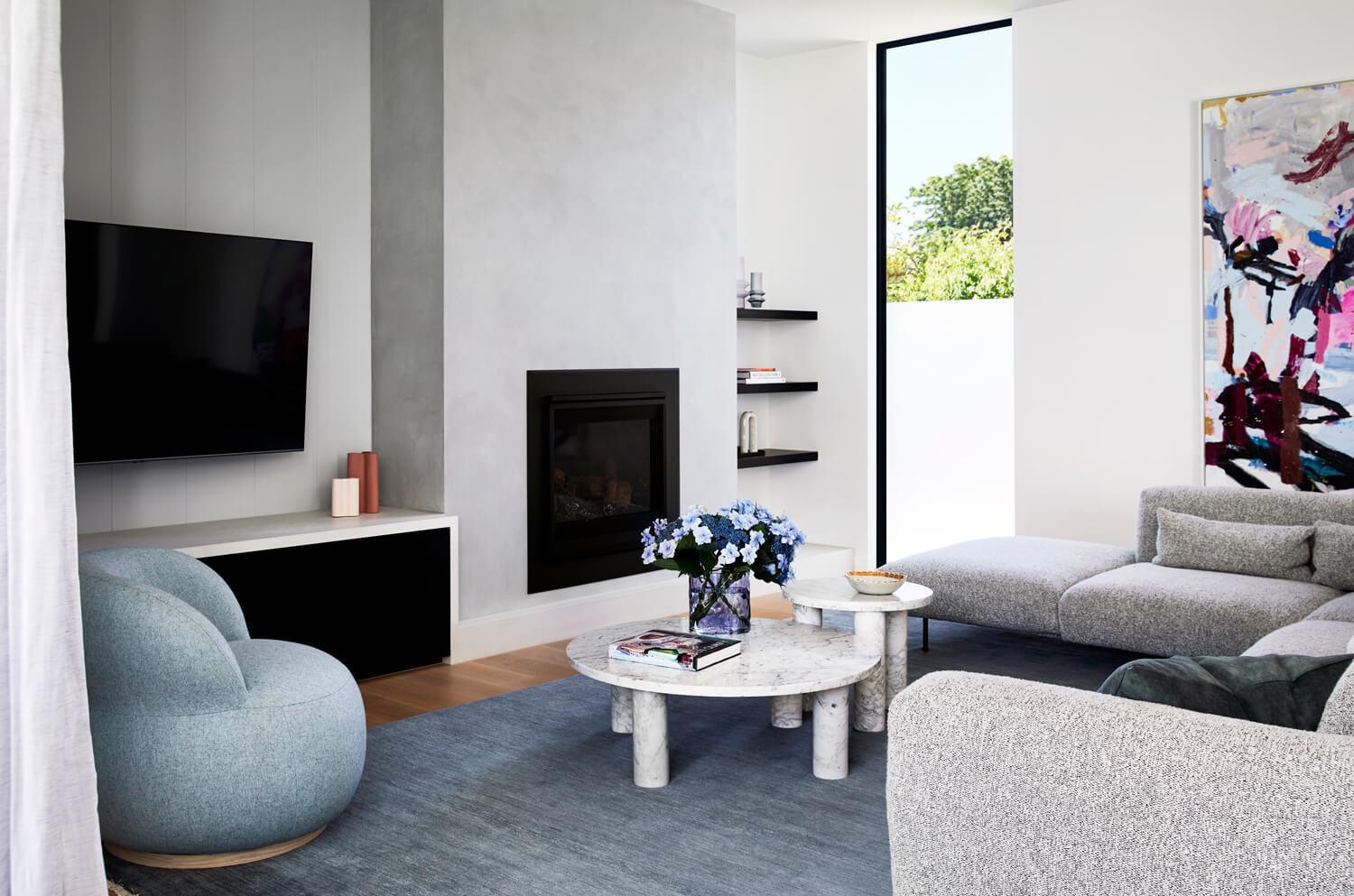 Minimalist Living Room With Blue And Grey Palette