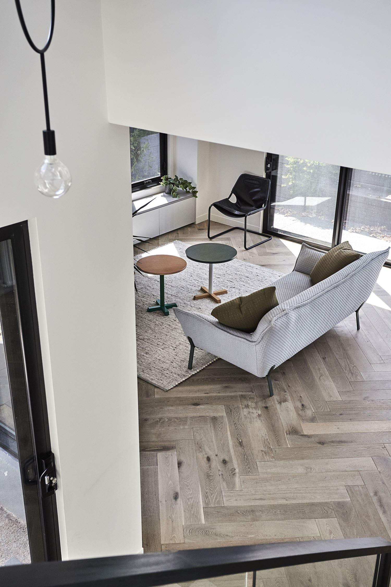 modern living room with herringbone floors
