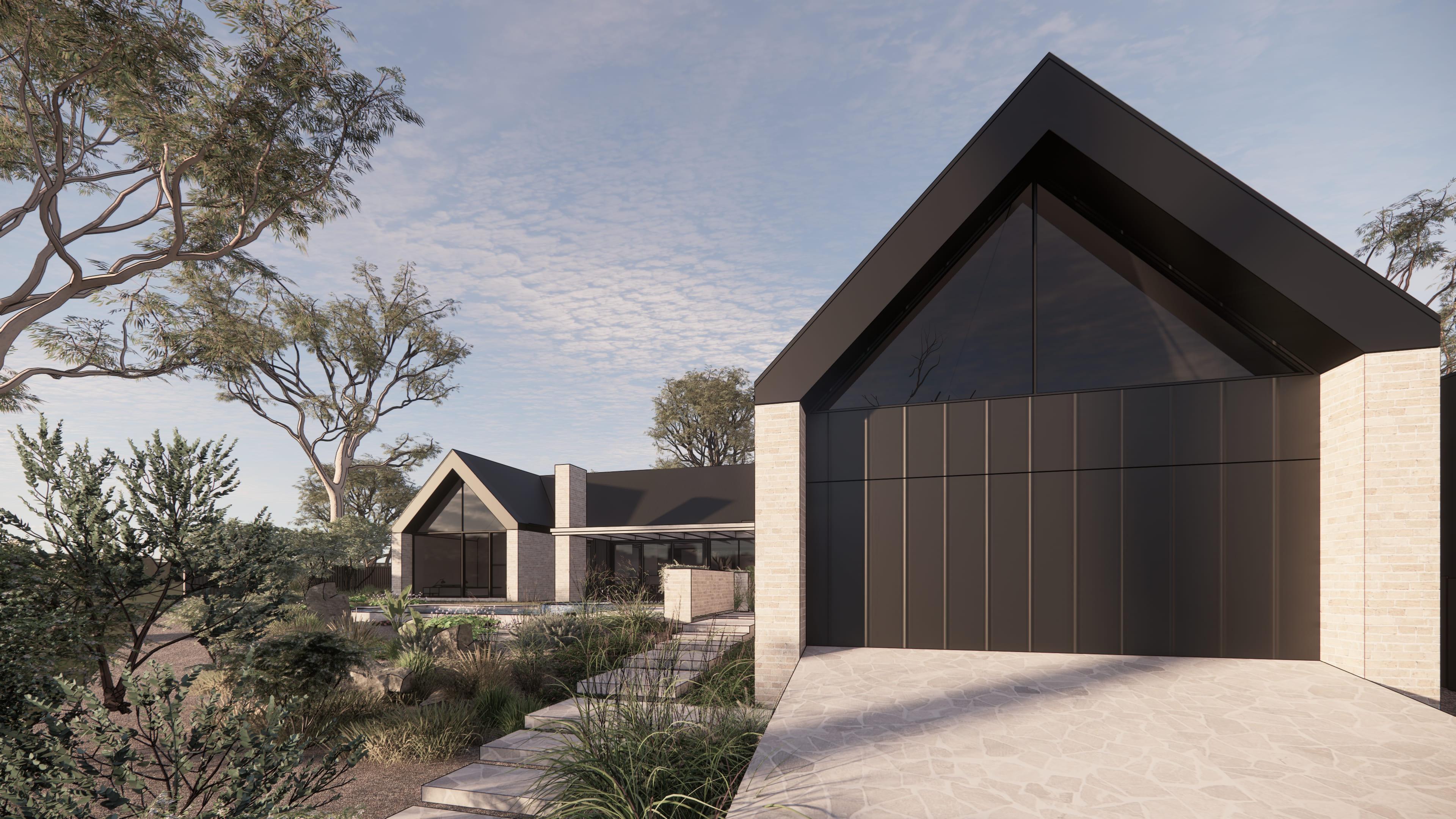 Modern render facade with landscaping and driveway